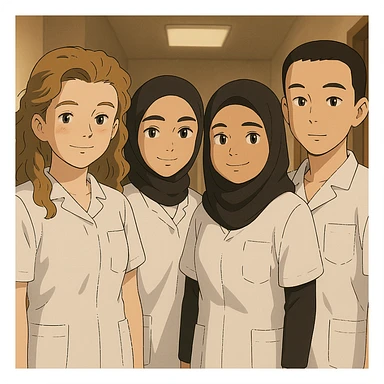Four nursing students standing side by side indoors, each wearing a white short-sleeved uniform with a V-neck medical tunic, left chest pocket, no collar stand, no stethoscope, nothing protruding from the short sleeves, soft ambiance, no feet visible, in Ghibli style. sticker