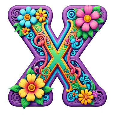 3D, gothic style psychedelic colored Letter X with hippie style flower border sticker