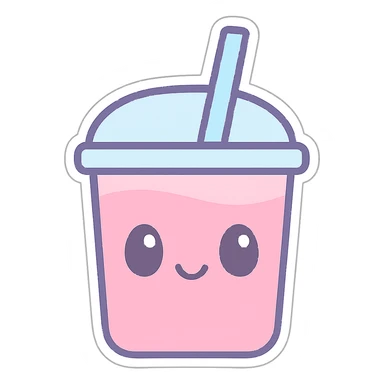 a cute pink drink sticker with a smiling face, pastel colors, kawaii style sticker