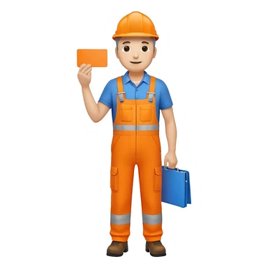mature engineer hi-vis orange overalls standing full body holding a card sticker