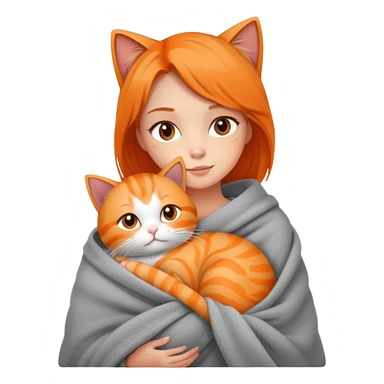 A girl wrapped in a blanket holding a cat sticker