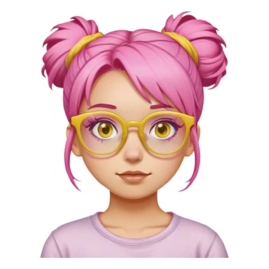 Girl with pink hair in a messy bun and yellow glasses sticker