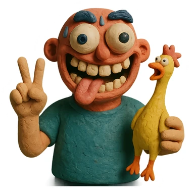 bulging eyes, unhinged grin, too many teeth, one eyeball twitching, tongue out sideways, sweating, glitching, peace sign, holding cursed rubber chicken sticker