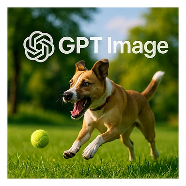  logo of chat gpt with text "GPT Image" on the background of a dog chasing ball, realistic image sticker