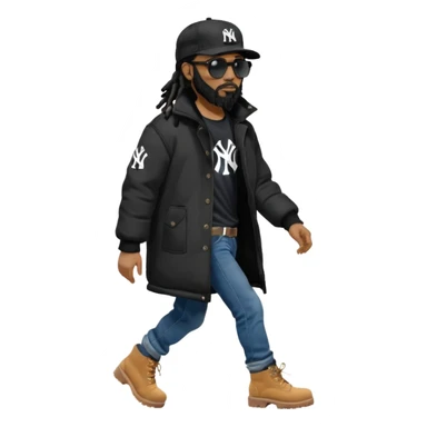 African American man with shoulder length black dreadlocks with black beard wearing black sunglasses wearing a black New York Yankees logo baseball cap wearing a black bubble winter coat with denim skinny jeans and timberland boots walking with hand out sticker