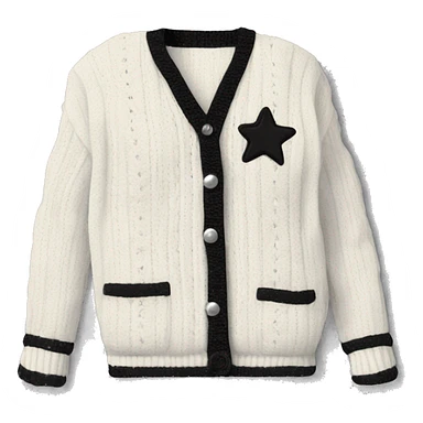 A white cable-knit cardigan with black trim and silver stars. The cardigan has a v-neck, long sleeves, and buttons down the front. There is an embroidered "folklore" patch in the upper right corner.  sticker