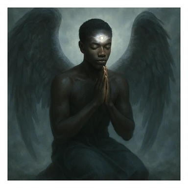 a black angel kneeling in prayer with a glowing third eye on forehead, ethereal atmosphere sticker