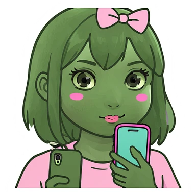 kawaii girl scrolling on pink cell phone sticker