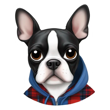 Boston terrier in a blue white red plaid hoodie ￼ sticker
