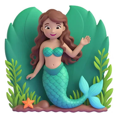 mermaid emoji with chestnut brown hair and a forest green tail, smiling and playful sticker