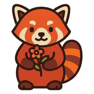 A red panda holding a small flower, bold outlines and vibrant colors sticker