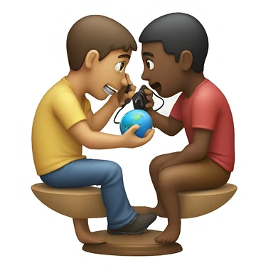 two person communicating using cup and string (the toy phone) place in two continent on a globe  sticker