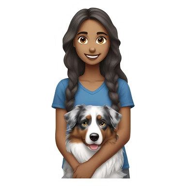 Girl with long brown hair holding blue merle Australian shepherd  sticker