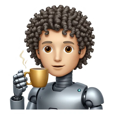 curly man robot drink coffe sticker