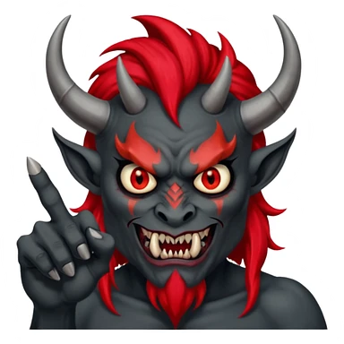 демон с чёрной как уголь кожей, красными клыками, двумя красными рогами торчащими у него изо лба, красной гривой и глазами показывает пальцем в нас sticker