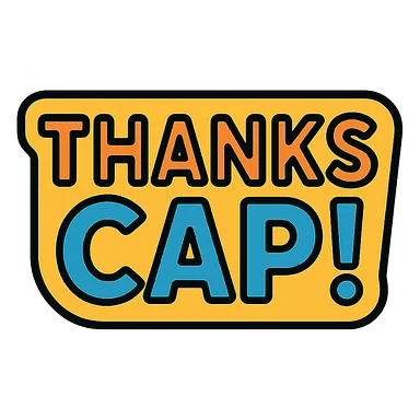 the phrase 'Thanks Cap!' in a vibrant, modern icon style, with clean lines and a cheerful color palette sticker