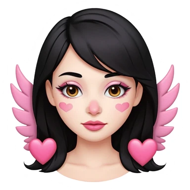 “Emoji girl, pastel pink streaks in black hair hair, bold winged eyeliner, heavy blush on cheeks and nose bridge, under-eye hearts, glossy pink lips, playful smirk.” sticker
