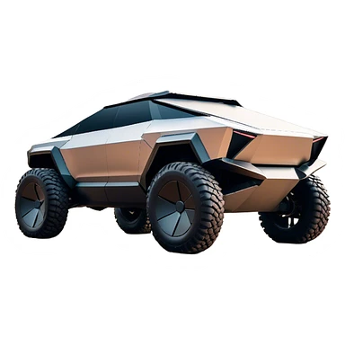 Tesla Cybertruck - A futuristic Tesla Cybertruck, angular and geometric with a sharp, triangular body shape. Stainless steel exoskeleton with a raw, unpainted, brushed-metal finish. A sleek, narrow LED light bar stretches across the entire front. Large, rugged off-road tires with exposed wheel arches. Smooth, handle-free doors and a slanted, armored rear with a retractable tonneau cover. Rear LED strip mirroring the front. The vehicle looks like a sci-fi-inspired, bulletproof stealth tank on wheels, set in a high-tech urban environment at sunset, with reflections on its metallic surface. sticker