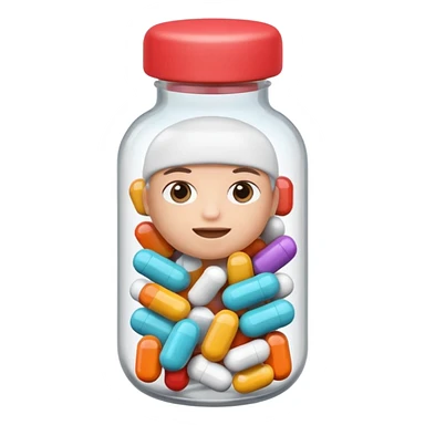 pills in bottle, 3d cartoon style, memoji style. sticker