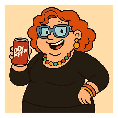 Add jewelry including earrings and a necklace, dress her in black clothes, and put a Dr Pepper soda in her hand. Keep her fun and approachable in the style of the original image. sticker