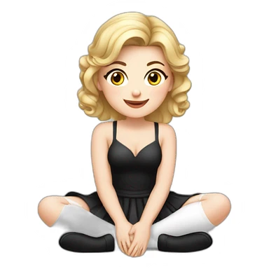 Front view curvy caucasian beauty sits on the floor straight hands up black skirt white stockings sticker