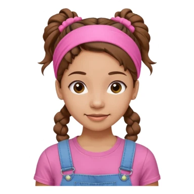 light skin woman with nice brown hair tied together in a one hairtie, wearing a pink t-shirt, demin overalls and pink wraparound hairband. expression is friendly, warm and enthusiastic.  sticker