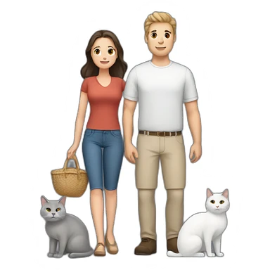 white brun man and brunette woman with a fat gray cat in their arms sticker