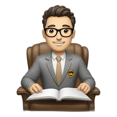 Pale skinned Fit Man With dark brown hair in gray jacket, beige office shirt and vintage glasses sitting In a soft chair with a notebook with emblem Ψ and a pen in his hands sticker