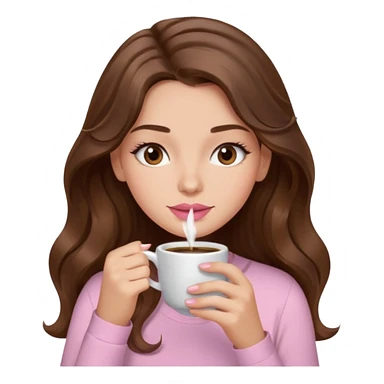 girl with wavy long brown hair, brown eyes, light to medium complexion, long lashes, light pink lipstick, wearing light pink shirt, sipping coffee sticker