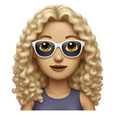 white woman with a slight tan, long curly hair and sunglasses holding a cat sticker