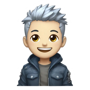 logo illustrated boy skull laughing out loud, chibi anime style, head and shoulders only, light brown eyes, short gray hair, cyberpunk jacket with blue colors, flashing background. sticker