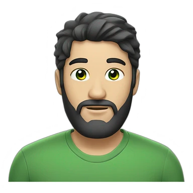 Man with black hair and beard, and green eyes, gray caps sticker