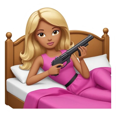 Brown skin blonde hair barbie laying in bed holding a black gun sticker