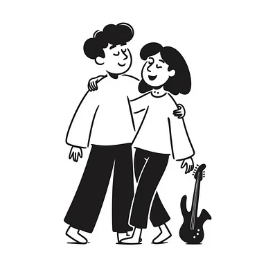 Two musicians standing side by side, both facing forward, with one's arm over the other's shoulder in a friendly side hug, both smiling, musical instruments nearby, fraternal camaraderie sticker
