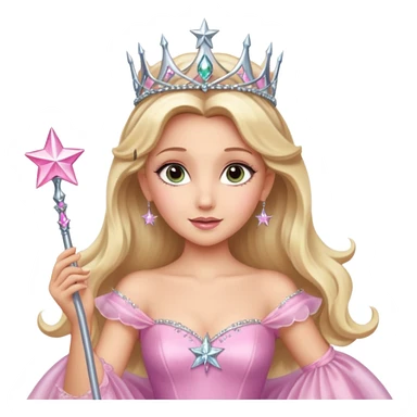 glinda the good witch from wicked movie (ariana grande) blonde hair, beautiful, big silver thin tiara, star wand, pink gown sticker