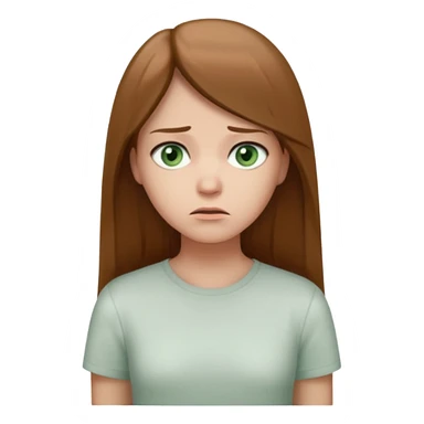 Cartoon emoji of a girl with long, straight light brown hair, fair skin, soft green eyes. Wearing a white top, standing slightly apart from a group, looking unsure and miserable. Nervous, fearful, lacking confidence. Smooth, simple, stylized." sticker