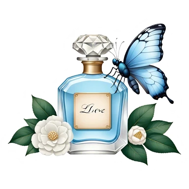 A nostalgic composition of an antique perfume bottle with a crystal stopper, an old love letter, and a single pale blue butterfly resting atop a white camellia.
 sticker