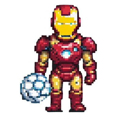Ironman holding a soccer ball, pixel art style sticker