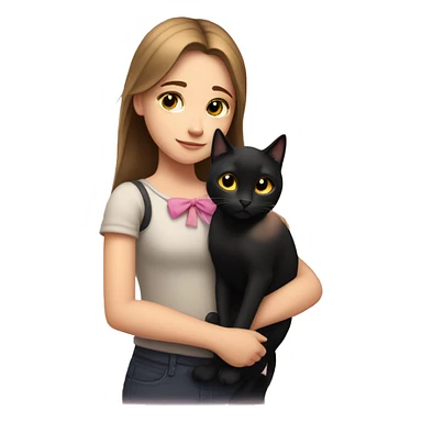 A light-skinned girl with brown straight hair hugs a black cat with yellow eyes and a pink bow sticker