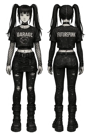 1 female outfit design for a VTUBER OC. The style is mixed 90's grunge, punk, lots of black and white in the color scheme, futuristic aesthetic. Clothing has small rips and tears from wear, logos and designs are faded. Garage, Shoegaze, postmodern style. character design concept art outfit for a female. [[FUTUREPUNK CYBERGOTH]] front on view, not 3/4 angle or any angle, perfect front, front and back view of each design,  sticker