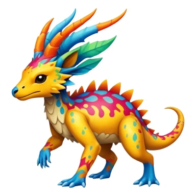 a colorful edgy vernid-fionbri-creature with splash patterns full body sticker
