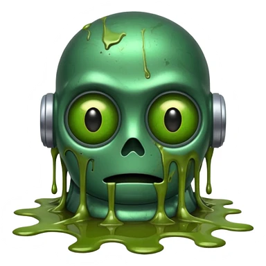 make a tired old melting robot emoji, covered in green sludge, 2d, make the eyes melting and gross sticker