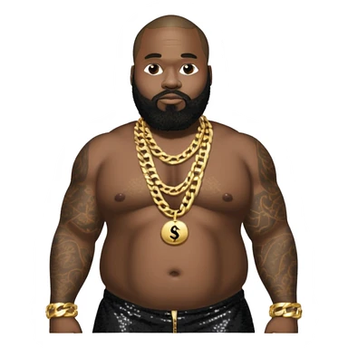 Rick Ross with black sequin baggy pants, shirtless with necklace sticker