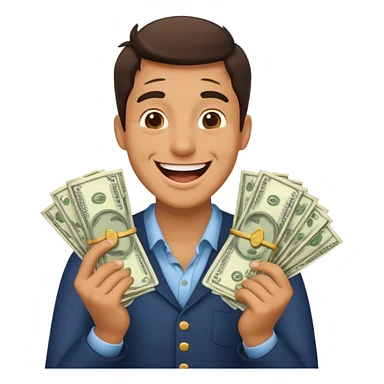 laughing man holding lots of money sticker