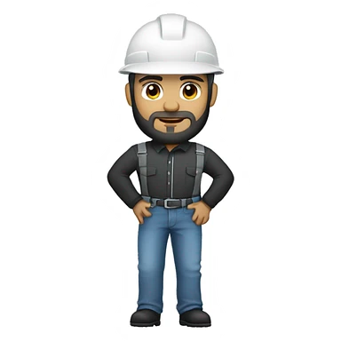 An engineer with white-skin and black-beard, standing and wearing black jeans and light blue long sleeve and white helmet  sticker