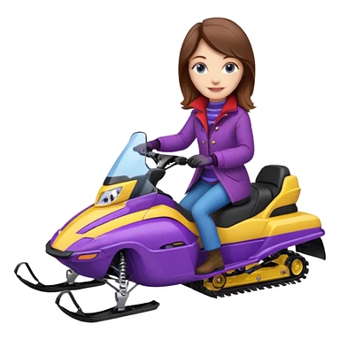 Brown hair, very blue eyes, Woman wearing red coat  on purple and yellow striped snowmobile sticker