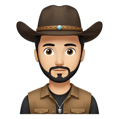 Cowboy with a man bun, black hair, cowboy hat brown eyes, tan skin and light black goatee black t shirt  sticker