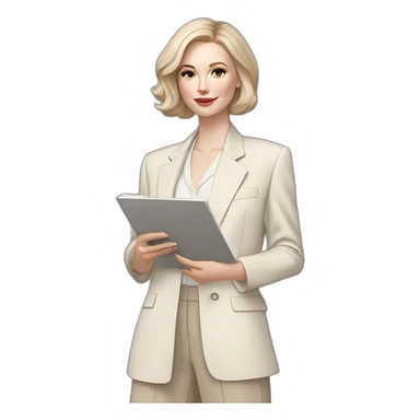 pale skin woman with ash blonde Straightened bob Hair, White Spacious classical jacket, beige palazzo Arrow pants and gray blouse holding a color palette in the hands sticker