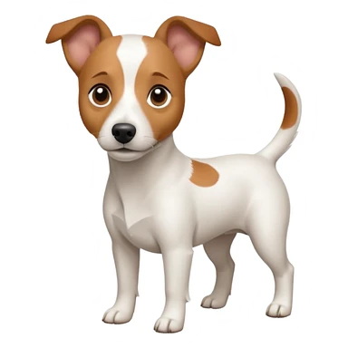 a full body white jack russel looking dog the size of a kelpie with light brown ears and a light brown patch on one eye and a large snout sticker