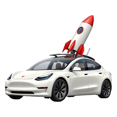 Tesla model 3 white.  Rockets mounted on roof sticker